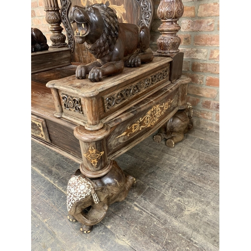 1232 - Exceptional Anglo-Indian carved wood daybed with bone inlay elephant feet and well carved lion armre... 