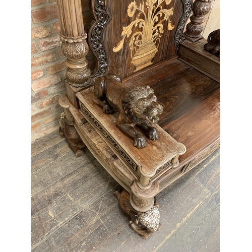 1232 - Exceptional Anglo-Indian carved wood daybed with bone inlay elephant feet and well carved lion armre... 