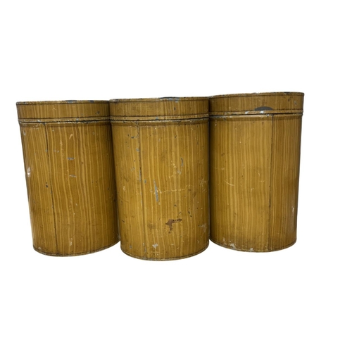 473 - Three large apothecary cannisters, faux wood and labelled finish to front, to include 'Fruct Myrtill... 