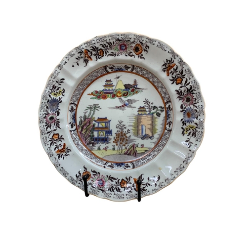 336 - Quantity of Masons hand painted ironstone plates, having Canton Chinese mountain gilded patterm, sta... 