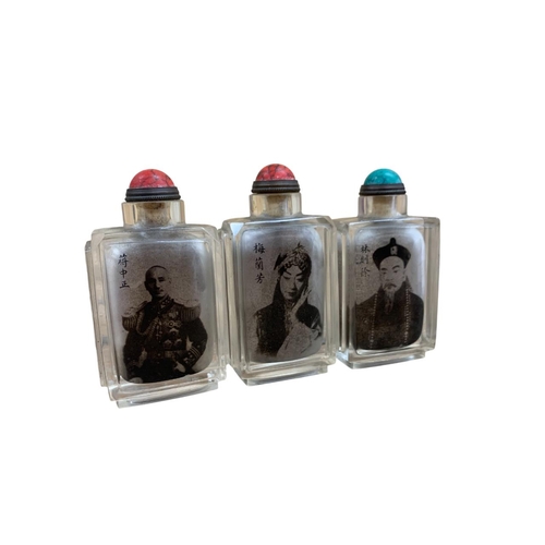 282 - Collection of Chinese inside-painted rock crystal portrait snuff bottles, each being inscribed and s... 