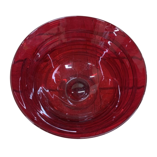 357 - 20th Century Murano ruby red glass bowl with amber glass trailing and circular foot, pontil to base,... 