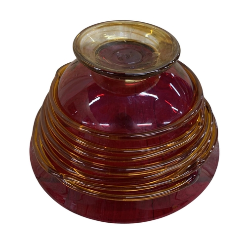 357 - 20th Century Murano ruby red glass bowl with amber glass trailing and circular foot, pontil to base,... 