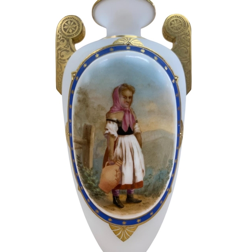 359 - 19th Century Bohemian white opaline glass vase with handpainted oval panel depicting a young female ... 