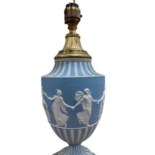 360 - Victorian pale blue Jasperware and brass table lamp of urn form, decorated with classical maiderns, ... 