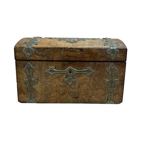 419 - 19th Century brass bound burr walnut tea caddy, the domed lid opening to a twin compartment interior... 