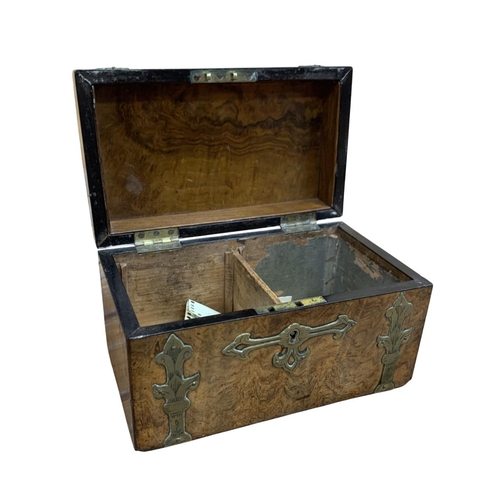 419 - 19th Century brass bound burr walnut tea caddy, the domed lid opening to a twin compartment interior... 