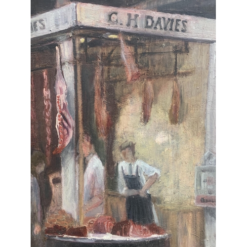 1525 - Mid 20th century school - C H Davies butchers, unsigned, oil on board, 65 x 39cm, unframed