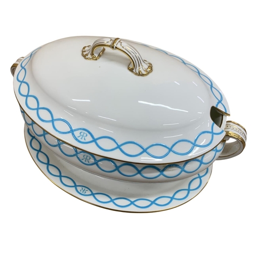 345 - Antique Minton tureen and stand having turqoise tube lined pattern with gold gilt rim, initialled R.... 