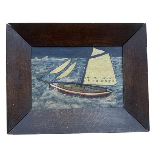 1524 - Circle of Alfred Wallis (1855-1942) - ship on choppy water, unsigned, oil on board, 13x 18cm, framed