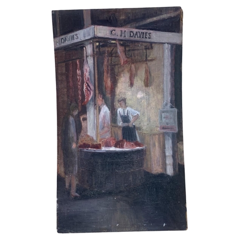 1525 - Mid 20th century school - C H Davies butchers, unsigned, oil on board, 65 x 39cm, unframed