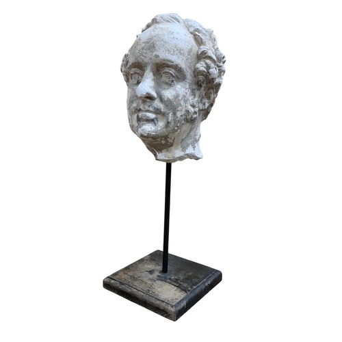 1464 - Classical style plaster head of man raised atop wooden stand, H 62cm