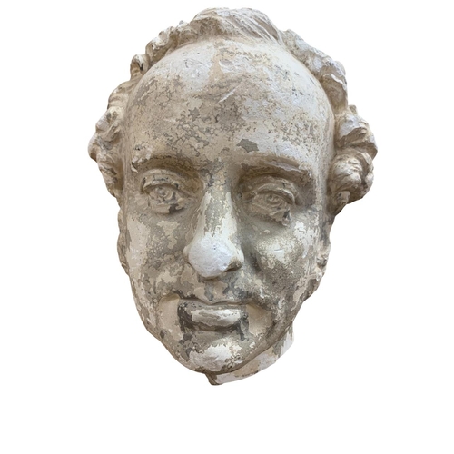 1464 - Classical style plaster head of man raised atop wooden stand, H 62cm