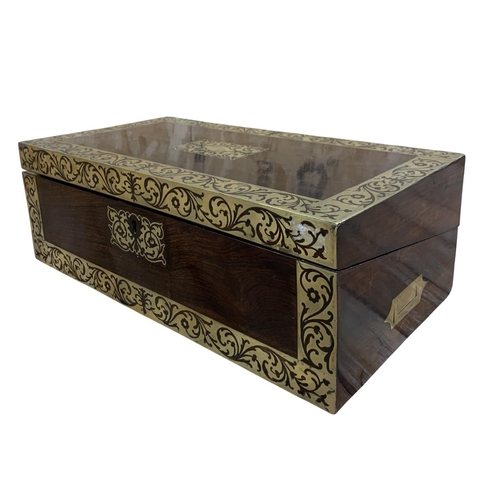 420 - Fine quality 19th Century campaign writing box with inlaid brass borders, inset handles, opening to ... 