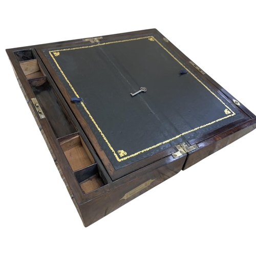 420 - Fine quality 19th Century campaign writing box with inlaid brass borders, inset handles, opening to ... 