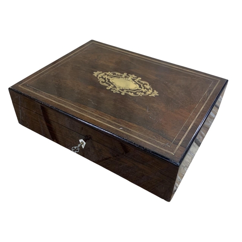 420 - Fine quality 19th Century campaign writing box with inlaid brass borders, inset handles, opening to ... 