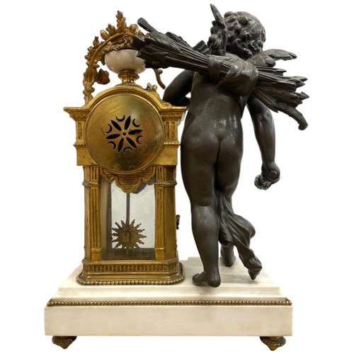 203 - French 19th century gilt bronze, spelter and white marble figural mantle clock, the clock body surmo... 