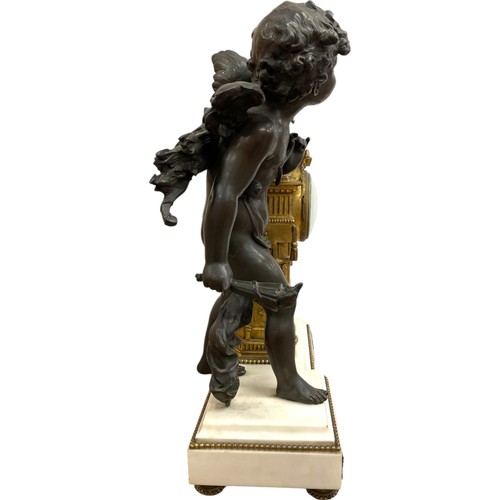 203 - French 19th century gilt bronze, spelter and white marble figural mantle clock, the clock body surmo... 