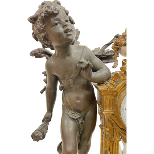 203 - French 19th century gilt bronze, spelter and white marble figural mantle clock, the clock body surmo... 