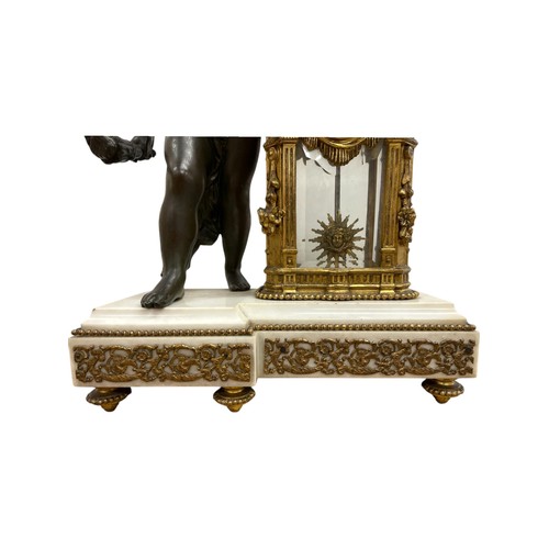 203 - French 19th century gilt bronze, spelter and white marble figural mantle clock, the clock body surmo... 