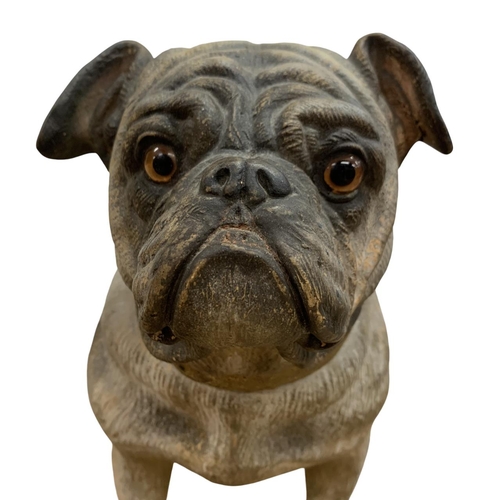 381 - Exceptional antique terracotta bulldog/pug figure, having hand painted detailed features with black ... 