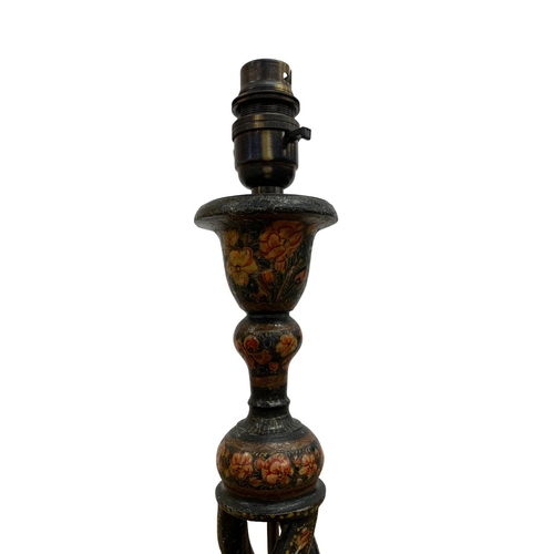 1150 - Antique Kashmiri lacquer lamp base of open twist candlestick form with painted floral decoration on ... 