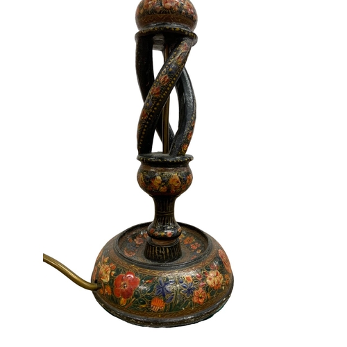 1150 - Antique Kashmiri lacquer lamp base of open twist candlestick form with painted floral decoration on ... 