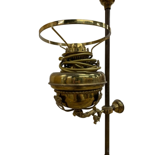 1151 - 19th Century French brass students adjustable oil lamp, converted to electric, with crown details an... 