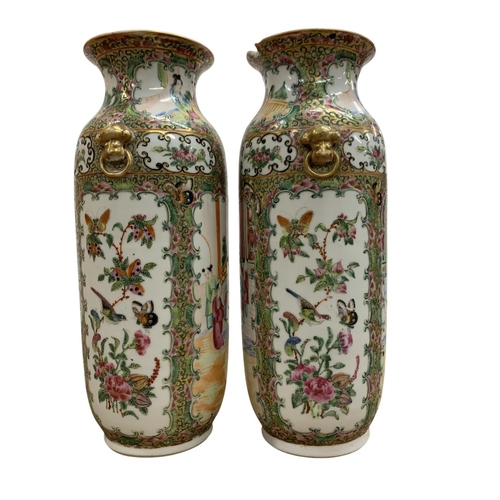 290 - Pair of Chinese Cantonese Famille Rose vases depicting figures, birds and insects within cartouches,... 