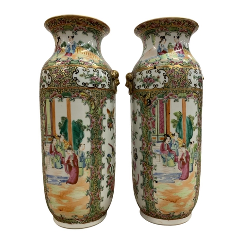 290 - Pair of Chinese Cantonese Famille Rose vases depicting figures, birds and insects within cartouches,... 