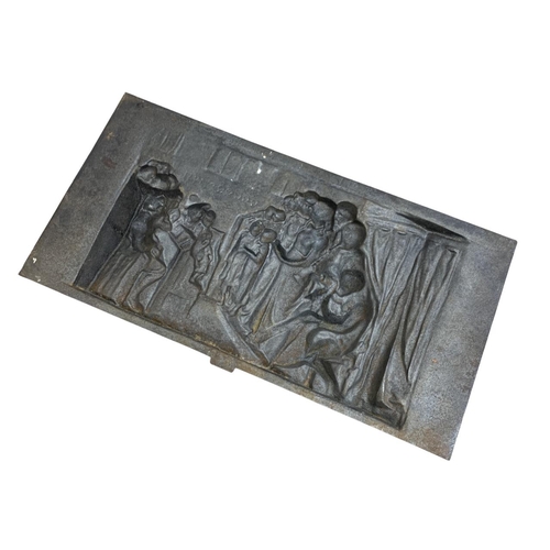 487 - Antique Coalbrookdale cast iron tradesman sample panel depicting traditional church choir scene, sig... 