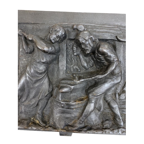 488 - Antique Coalbrookdale cast iron tradesman sample panel depicting traditional blacksmith scene, signe... 