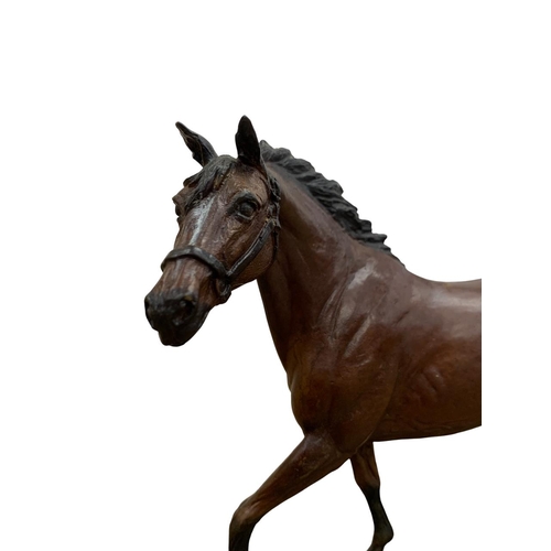 490 - Good quality cast bronze galloping horse sculpture atop floral and scrolled base, W 24cm x H 19cm