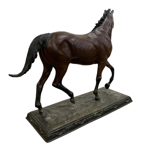 490 - Good quality cast bronze galloping horse sculpture atop floral and scrolled base, W 24cm x H 19cm