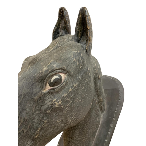 423 - Early 20th century French hand carved folk art horse head from a stable, painted, wall mounting, H 4... 