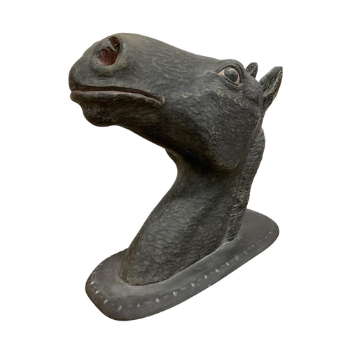 423 - Early 20th century French hand carved folk art horse head from a stable, painted, wall mounting, H 4... 