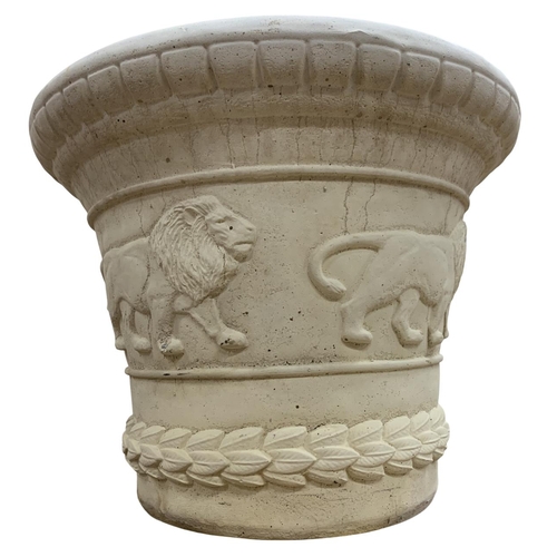 1004 - Plaster planter with relief lion decoration, H 30cm x D 39cm