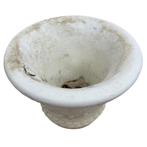 1004 - Plaster planter with relief lion decoration, H 30cm x D 39cm