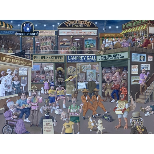 1527 - Edwin Cripps (b. 1949) - 'Porksord Cinema' surrealist scene, signed and dated 2020, oil on canvas, 1... 