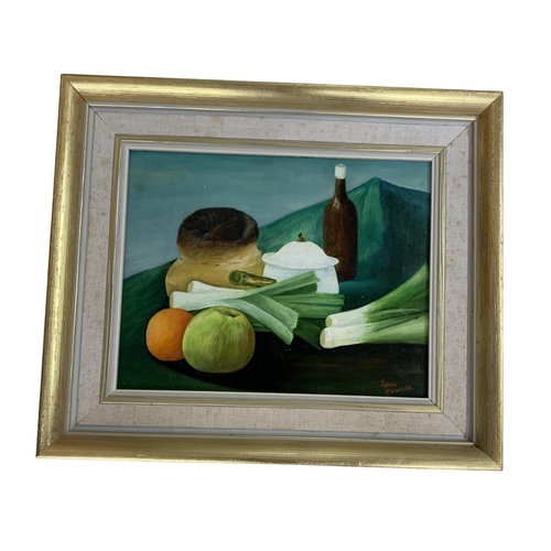 1539 - Joan Fowler (20th Century)- 'In Sight of the Beach' and two further still life studies, signed, oil ... 