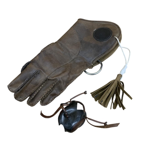 567 - Brown leather falconer glove with additional leather falcon helmet (2)