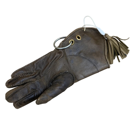 567 - Brown leather falconer glove with additional leather falcon helmet (2)