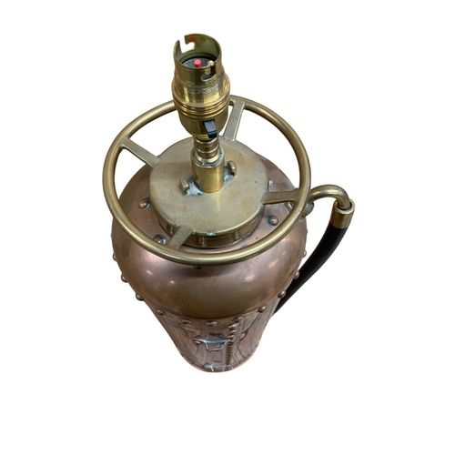 1156 - Industrial copper fire extingusiher converted table lamp, H 65cm