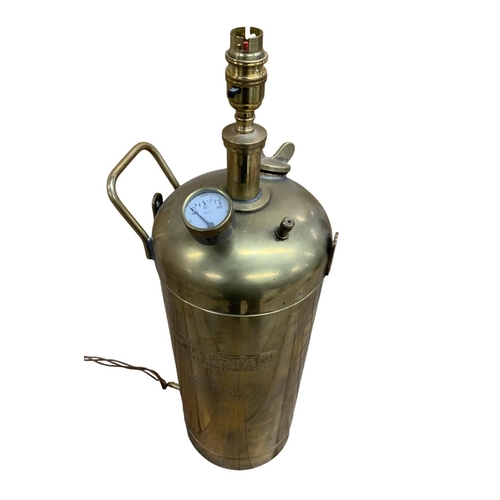 1157 - Industrial brass fire extinguisher converted table lamp, H 60cm