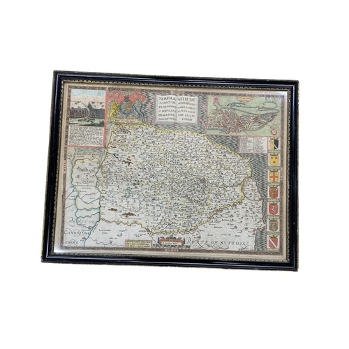 569 - John Speed (1552-1629) hand coloured map of Norfolk, published by Thomas Bassett and Richard Chiswel... 