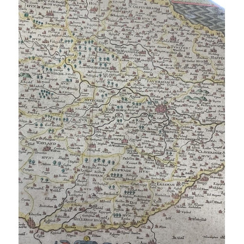 569 - John Speed (1552-1629) hand coloured map of Norfolk, published by Thomas Bassett and Richard Chiswel... 