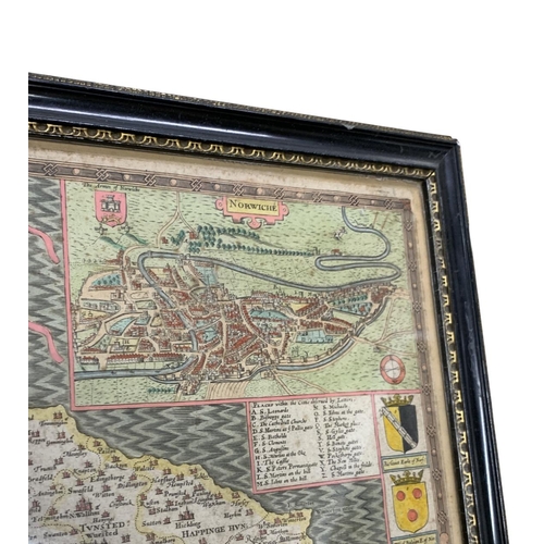 569 - John Speed (1552-1629) hand coloured map of Norfolk, published by Thomas Bassett and Richard Chiswel... 