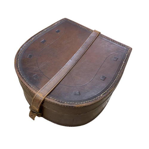 573 - Antique brown leather collar box in the form of a horseshoe, D 22cm x H 9cm