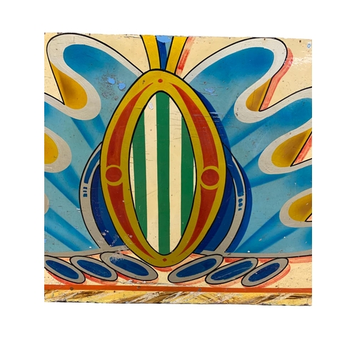 1040 - Fred Fowle (1914-1983) Vintage hand painted wooden fairground panel, having central striped emblem w... 