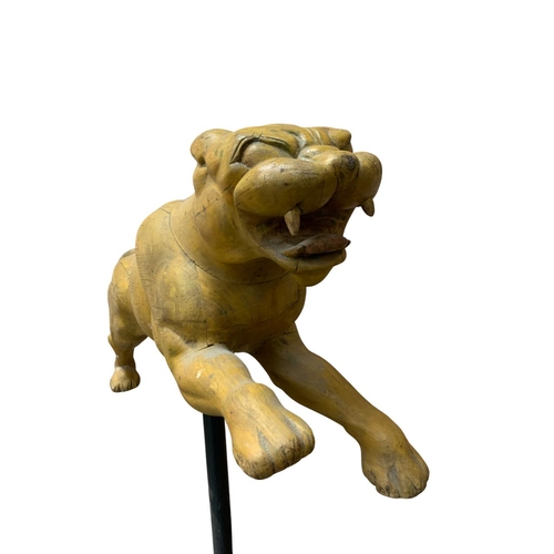 435 - Impressive hand carved wooden leaping panther figure, held atop unusual machine cog base, L 110cm x ... 